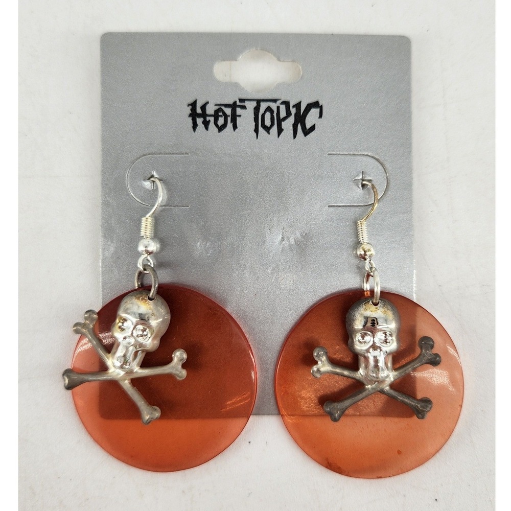 New Hot Topic Skull Crossbones Earrings Womens OS Red Silver Disc Goth Punk